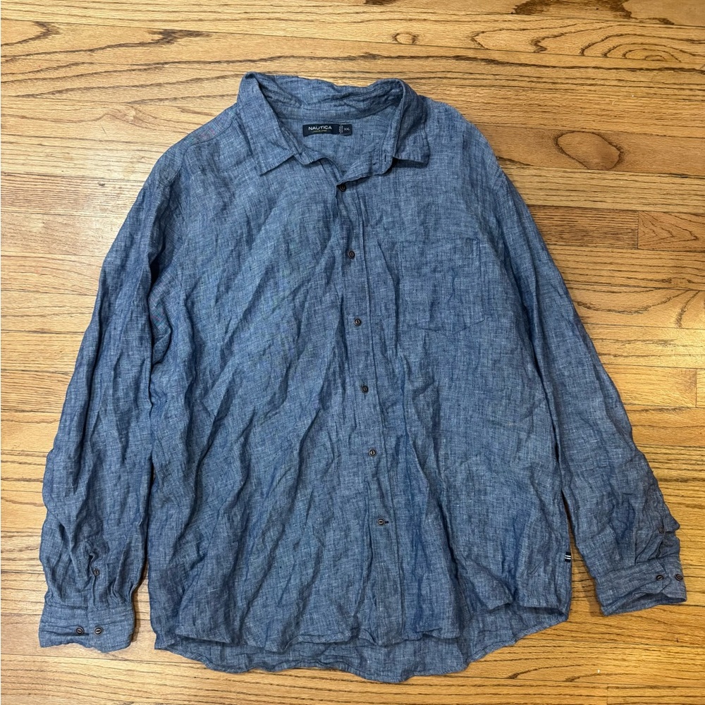 Nautica Chambray Blue 100% Linen Button Down Long Sleeve Shirt XXL